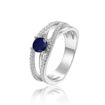 Round Blue Sapphire with White Sapphire Accents Sterling Silver
Crossover Open Design Ring, 0.65ctw