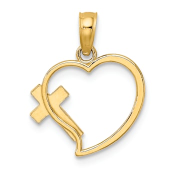 14K Yellow Gold Enamel Cross and Heart Charm Pendant