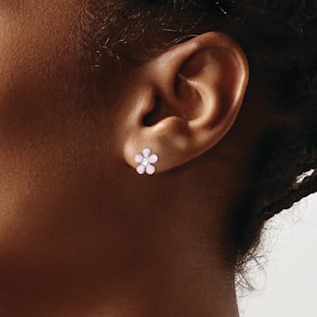 Rhodium Over Sterling Silver Pink Enamel/Crystal Flower Post Earrings