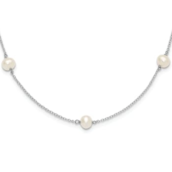 Rhodium Over Sterling Silver 5-5.5mm FWC Pearl 5-Station Children's Necklace