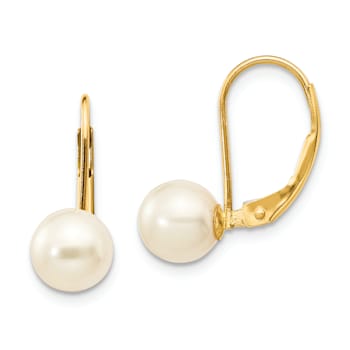 14K Yellow Gold 6-7mm White Round Freshwater Cultured Pearl Leverback Earrings