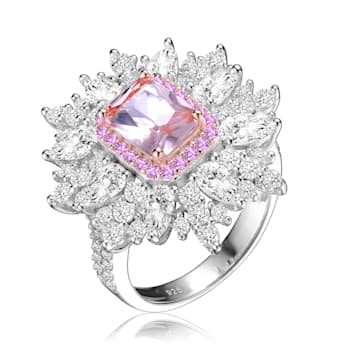 Morganite Cubic Zirconia, Rhodium Plated over Sterling Silver Halo Ring