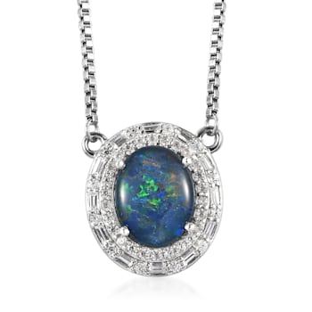 Sterling Silver Oval Boulder Opal Triplet and White Zircon Necklace 2.41ctw