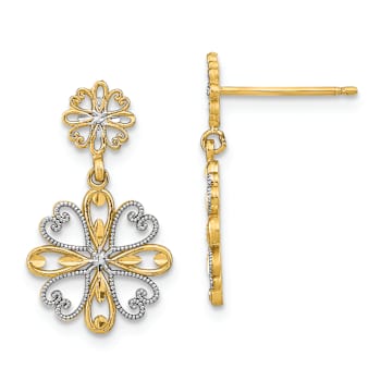 14k Two-tone Textured Beaded Heart Petal Floral Dangle Earrings