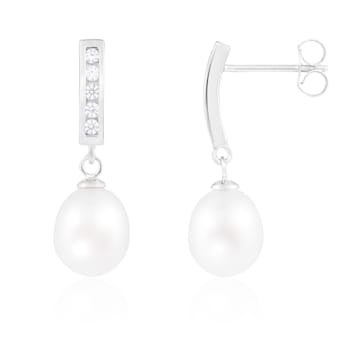 7-8mm White Cultured Freshwater Pearl and Cubic Zirconia Rhodium Over
Sterling Silver Earrings