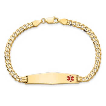 14k Yellow Gold Medical Soft Diamond Shape Red Enamel Flat Curb Link ID Bracelet
