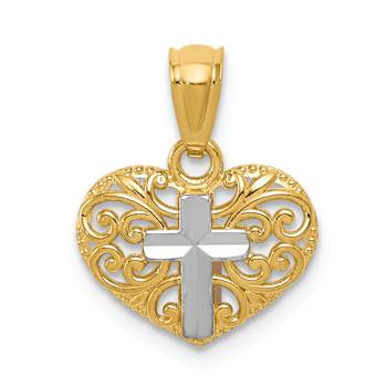 14K Two-tone Gold Textured Diamond-Cut Cross in Heart Pendant