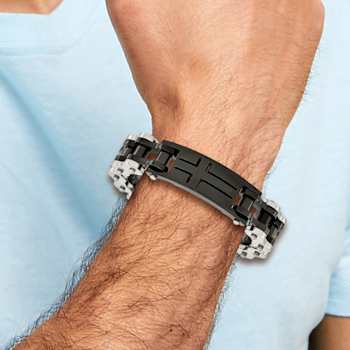 Stainless Steel Polished Black IP-plated Cross ID Bracelet