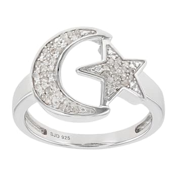 White Diamond Rhodium Over Sterling Silver Moon And Star Ring 0.15ctw