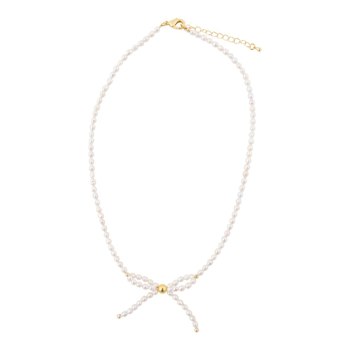 Cultured Freshwater Pearl Bow Necklace with Gold-Tone Brass Accents