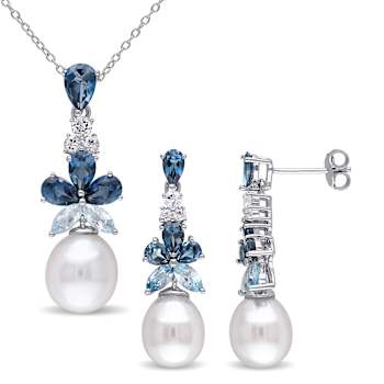 8.5-10MM Freshwater Cultured Pearl and Multigem Drop Earrings and
Pendant Set in Sterling Silver