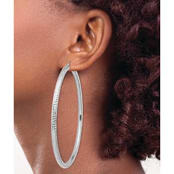 Rhodium Over 14k White Gold 3 1/4" Diamond-Cut Round Tube Hoop Earrings