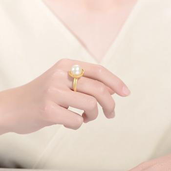 Pear Shape Freshwater Pearl Adjustable Ring In 14K Gold Over Sterling Silver
