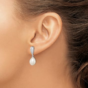 Rhodium Over Sterling Silver 7-8mm White Freshwater Cultured Pearl Cubic
Zirconia Dangle Earrings
