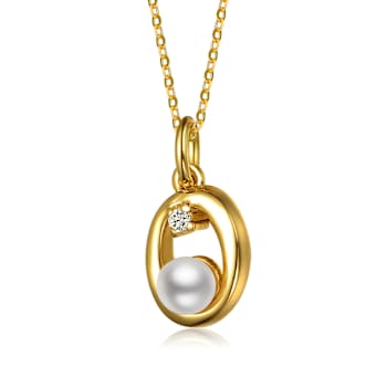 Initial O Pear Shape CZ And Pearl Pendant Necklace In 14K Gold Over Brass