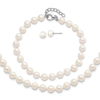 Rhodium Over Sterling Silver 6-7mm Freshwater Pearl Adjustable
Necklace/Bracelet/Earring Set