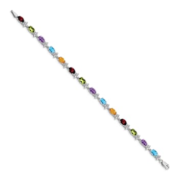 Rhodium Over 14k White Gold Rainbow Floral Gemstone and Diamond Bracelet