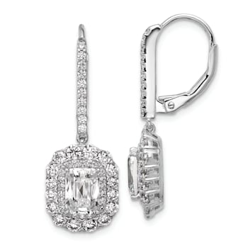 Rhodium Over Sterling Silver Emerald-cut Cubic Zirconia Halo Dangle
Leverback Earrings