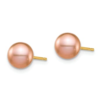 14k Yellow Gold 6.28mm Pink Round Freshwater Cultured Pearl Stud Earrings