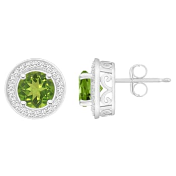 6mm Round Peridot 1/5 ctw Diamond Rhodium Over Sterling Silver Halo Stud Earrings