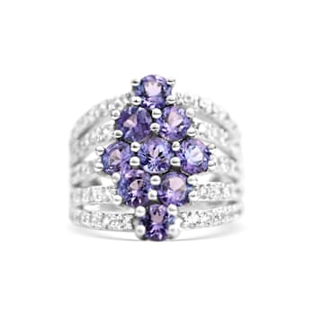 Rhodium Over Sterling Silver Round Tanzanite and White Zircon Ring 2.38ctw