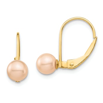 14K Yellow Gold 5-6mm Pink Round Freshwater Cultured Pearl Dangle Earrings