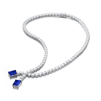 Blue Cubic Zirconia, Rhodium Plated over Sterling Silver Two-Stone
Tennis Collar Necklace 29.43ctw