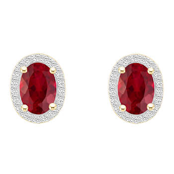 7x5mm Oval Created Ruby And Created White Sapphire 10k Yellow Gold Halo
Stud Earrings