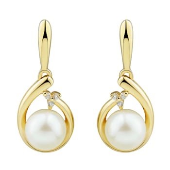 6-6.5mm Round White Freshwater Pearl with Diamond Accents 10K Yellow
Gold Drop Earrings