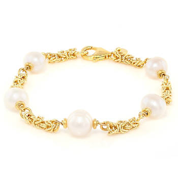 Cultured Freshwater Pearl Byzantine Chain Station Bracelet In 18K Gold
Over Bronze 8mm