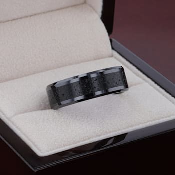 VESUVIUS Men’s Polished Black Ceramic Band with Lava Rock Stone Inlay
& Polished Beveled Edges 8mm