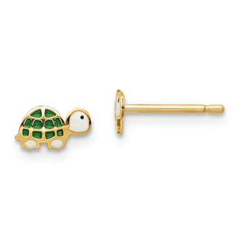 14k Yellow Gold Children's Green, Black and White Enamel Turtle Stud Earrings