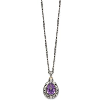 Sterling Silver Antiqued with 14K Accent Diamond and Amethyst Necklace
