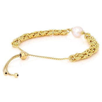 Cultured Freshwater Pearl Bolo Bracelet In 18K Gold Over Bronze 9-10mm