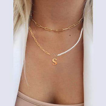 14K Gold Over Brass Initial Pearl Simulant Link Chain Necklace Letter S