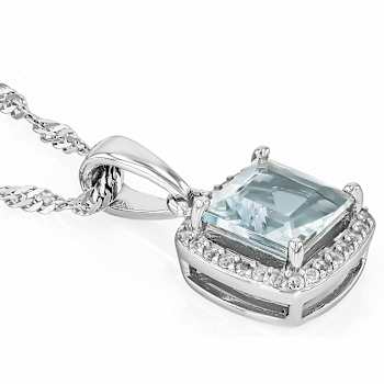 Aquamarine And White Topaz Halo Pendant Necklace In Sterling Silver