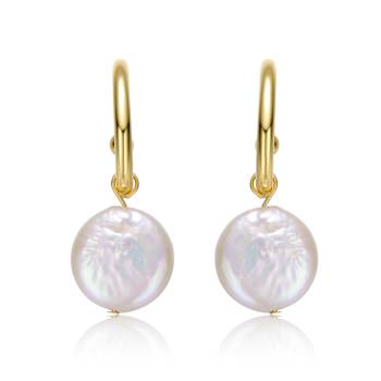 Coin Pearl C-Hoop Drop Earrings In 14K Gold Over Sterling Silver