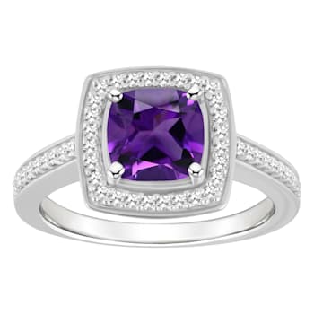 7mm Cushion Amethyst 1/4 ctw Diamond Rhodium Over Sterling Silver Halo Ring
