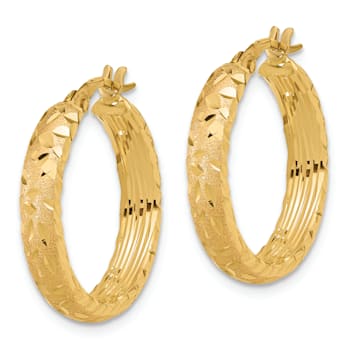 14k Yellow Gold Satin and Diamond-Cut 11/16" Hoop Earrings
