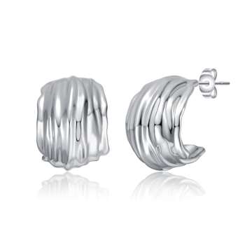 Basket Weave Chunky C-Hoop Earrings In Rhodium Over Brass