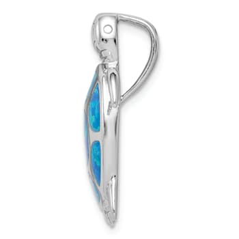 Rhodium Over Sterling Silver Lab Created Blue Opal Turtle Slide Pendant