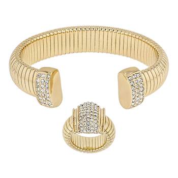 Crystal Tubogas Cuff Bracelet And Ring Set In Gold Tone