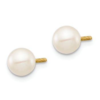 14K Yellow Gold 5-6mm White Near Round Freshwater Cultured Pearl Post Earrings