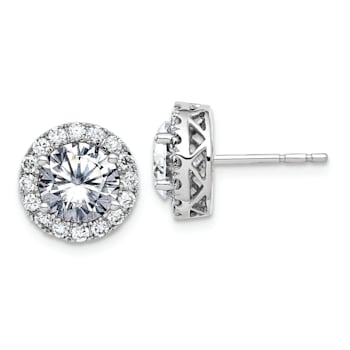Rhodium Over 14K White Gold Round Halo G H I True Light Moissanite Earrings