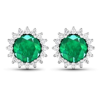 1.36ctw 14K White Gold  Zambian Green Emerald and White Diamond Halo Earrings