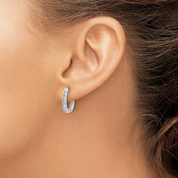 Rhodium Over 10k White Gold 5/8", 0.216ctw Diamond Oval Hinged Hoop Earrings