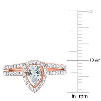 Aquamarine and Diamond 10K Rose Gold Halo Ring Set 0.73ctw