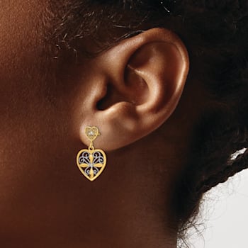 14K Two-tone Gold Flower and Heart Beaded Filigree Dangle Earrings