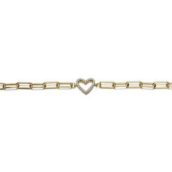 CZ Halo Open Heart Paperclip Link Bracelet In 14K Gold Over Brass