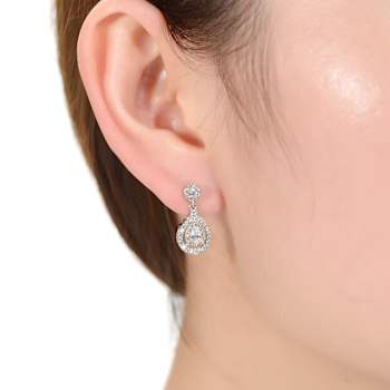Pear Shape CZ Halo Drop Earrings In White Rhodium Over Brass
